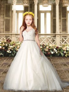 Tulle V-neck Sleeveless Sweep Train Lace Up Beading and Lace Flower Girl Dresses in White