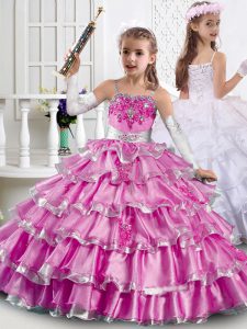Fashion Ball Gowns Girls Pageant Dresses Rose Pink Straps Organza Sleeveless Floor Length Lace Up