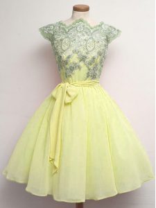 Yellow Cap Sleeves Knee Length Lace and Belt Lace Up Bridesmaids Dress