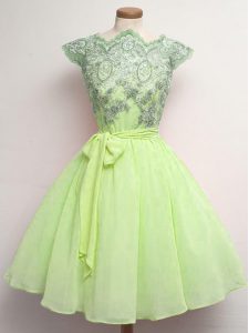Scalloped Cap Sleeves Lace Up Wedding Guest Dresses Yellow Green Chiffon