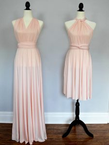 Fancy Halter Top Sleeveless Bridesmaids Dress Floor Length Ruching Baby Pink and Peach Chiffon