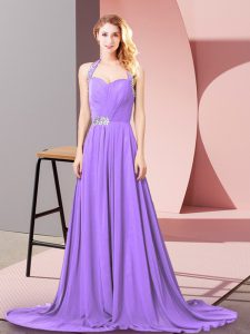 Lavender Zipper Halter Top Beading and Ruching Homecoming Dress Chiffon Sleeveless Brush Train