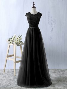 On Sale Floor Length Black Prom Dresses Scoop Sleeveless Zipper