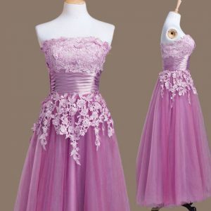 Elegant Lilac Lace Up Bridesmaid Dresses Appliques Sleeveless Tea Length