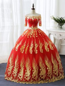 Floor Length Red Quince Ball Gowns Printed Half Sleeves Appliques