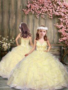 Charming Light Yellow Lace Up Spaghetti Straps Beading and Ruffles Little Girls Pageant Gowns Tulle Sleeveless