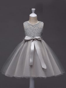 Wonderful Grey Ball Gowns Scoop Sleeveless Tulle Knee Length Zipper Lace and Belt Girls Pageant Dresses