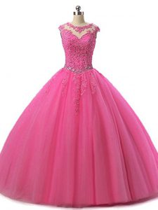 Affordable Floor Length Hot Pink Quinceanera Gown Scoop Sleeveless Lace Up
