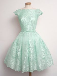 A-line Dama Dress for Quinceanera Apple Green Scalloped Lace Sleeveless Knee Length Lace Up