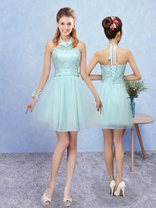 Aqua Blue Halter Top Lace Up Lace Court Dresses for Sweet 16 Sleeveless
