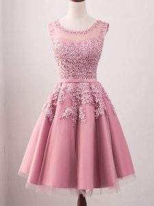 High Quality Pink A-line Scoop Sleeveless Tulle Knee Length Lace Up Lace Quinceanera Court of Honor Dress