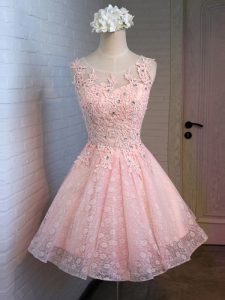 Pink A-line Scoop Sleeveless Lace Mini Length Lace Up Lace and Appliques Homecoming Dress