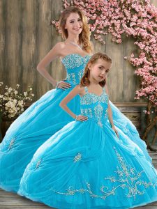 Spectacular Floor Length Baby Blue Sweet 16 Dress Tulle Sleeveless Beading and Embroidery and Pick Ups