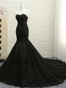 Luxurious Black Evening Party Dresses Prom and Party with Lace and Appliques Sweetheart Sleeveless Court Train Lace Up