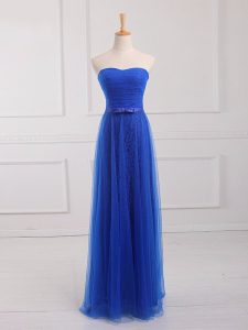 Floor Length Royal Blue Dama Dress for Quinceanera Tulle and Lace Sleeveless Belt