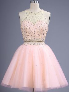 Excellent Knee Length Peach Wedding Party Dress Tulle Sleeveless Beading