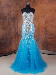 Baby Blue Tulle Lace Up Womens Evening Dresses Sleeveless Floor Length Beading and Sequins