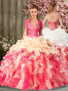 Glamorous Sleeveless Floor Length Beading and Ruffles Lace Up Vestidos de Quinceanera with Multi-color