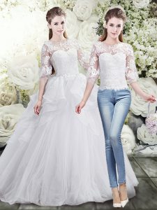 Scoop Half Sleeves Brush Train Lace Up Wedding Gown White Tulle