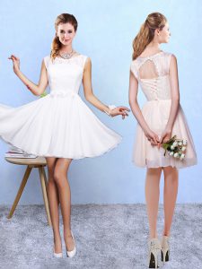 New Style A-line Dama Dress for Quinceanera White Scoop Chiffon Sleeveless Knee Length Lace Up