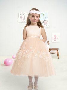 Pretty Pink Tulle Zipper Flower Girl Dresses Sleeveless Tea Length Lace and Appliques and Belt