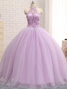 Lilac Sleeveless Tulle Brush Train Lace Up Quinceanera Dress for Military Ball and Sweet 16 and Quinceanera