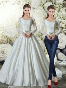 Customized A-line Long Sleeves White Wedding Gowns Brush Train Lace Up