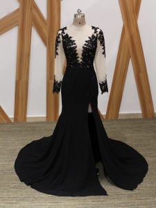 Captivating Lace and Appliques Mother of Groom Dress Black Zipper Long Sleeves Brush Train