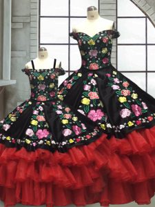Unique Red And Black Ball Gowns Embroidery and Ruffled Layers Sweet 16 Quinceanera Dress Lace Up Organza and Taffeta Sle