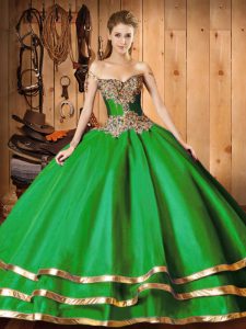 Lace Up Quinceanera Gowns Green for Military Ball and Sweet 16 and Quinceanera with Beading and Ruffled Layers Sweep Tra