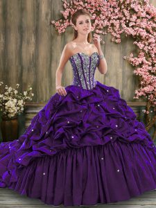 Dark Purple Sweetheart Lace Up Beading and Pick Ups Quinceanera Gowns Brush Train Sleeveless