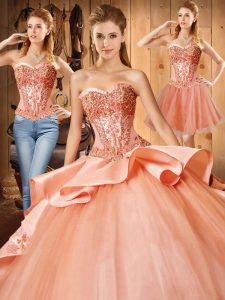 Beading and Embroidery Sweet 16 Quinceanera Dress Peach Lace Up Sleeveless Court Train