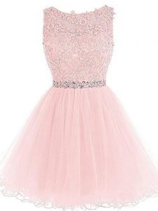 Pink A-line Beading and Lace and Appliques and Ruffles Prom Party Dress Zipper Tulle Sleeveless Mini Length