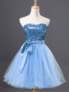 Light Blue Tulle Zipper Sweetheart Sleeveless Mini Length Prom Dress Sequins