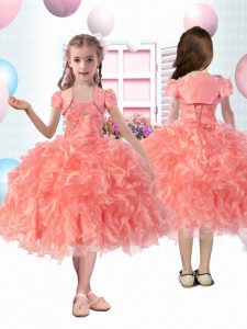 Watermelon Red Sleeveless Tea Length Beading and Ruffles Lace Up Child Pageant Dress