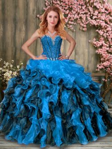 Pretty Blue And Black Sweetheart Lace Up Beading and Ruffles 15 Quinceanera Dress Sleeveless