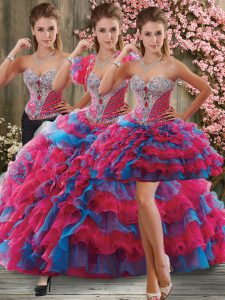 Affordable Brush Train Three Pieces Quince Ball Gowns Multi-color Sweetheart Organza Sleeveless Lace Up