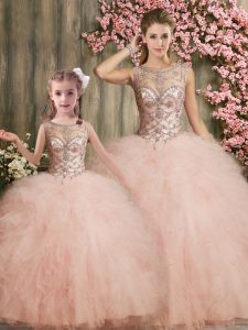 Fancy Floor Length Peach Quince Ball Gowns Scoop Sleeveless Lace Up