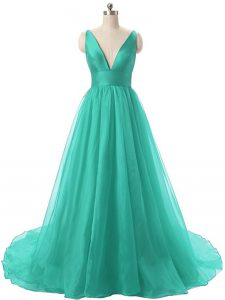 Turquoise Organza Backless V-neck Sleeveless Prom Evening Gown Brush Train Ruching