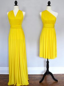 Yellow Halter Top Neckline Ruching Wedding Party Dress Sleeveless Lace Up