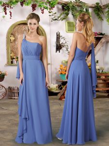Modest Blue Zipper Bridesmaid Dresses Beading and Ruffles and Ruching Sleeveless Floor Length