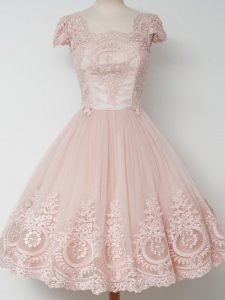 Peach Tulle Zipper Court Dresses for Sweet 16 Cap Sleeves Knee Length Lace