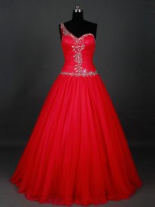 Floor Length Red Prom Evening Gown Tulle Sleeveless Beading