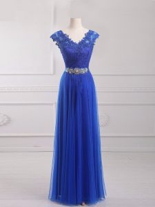 Enchanting Royal Blue Short Sleeves Floor Length Beading and Lace and Appliques and Belt Lace Up Homecoming Dress
