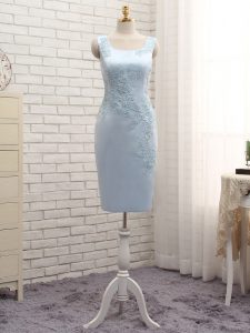 Elegant Light Blue Column/Sheath Lace and Appliques Mother of Bride Dresses Zipper Satin Sleeveless Mini Length
