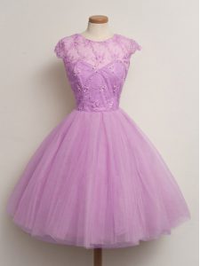 Colorful Lilac Cap Sleeves Lace Knee Length Quinceanera Court Dresses