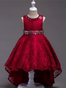 Wine Red A-line Lace Scoop Sleeveless Beading High Low Lace Up Flower Girl Dresses for Less