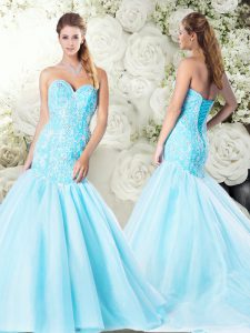 Beading and Lace Bridal Gown Aqua Blue Lace Up Sleeveless Brush Train