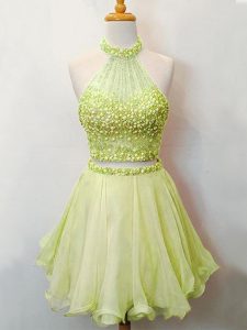 Elegant Yellow Green Two Pieces Beading Dama Dress Lace Up Organza Sleeveless Knee Length