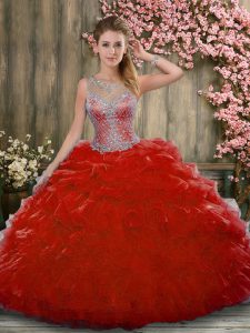 Custom Made Organza Scoop Sleeveless Zipper Beading and Ruffles Quinceanera Gown in Red